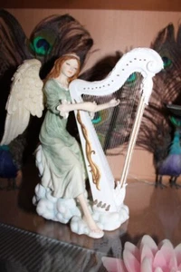 Veronese Harfe spielender Engel, sitzend mit Konzertharfe, weiß/ mint, 21cm - Bild 1 von 8