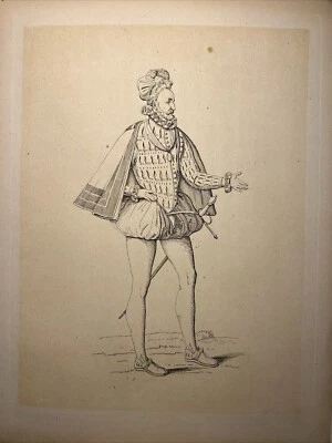 Antike Reiter Trachten Mode Kleidung Mittelalter 1855 Antiquarische Stahlstich - Bild 1 von 4