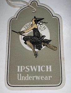Ipswich Hosiery Underwear Advertising Tag Sign Witch On Broom Halloween C 1940 - Picture 1 of 3