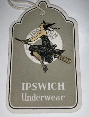 Ipswich Hosiery Underwear Advertising Tag Sign Witch On Broom Halloween C 1940 - Image 1 of 3
