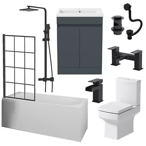 Complete Bathroom Suite Black Bath Shower Screen Basin Vanity Toilet Taps 1700mm - Picture 1 of 19