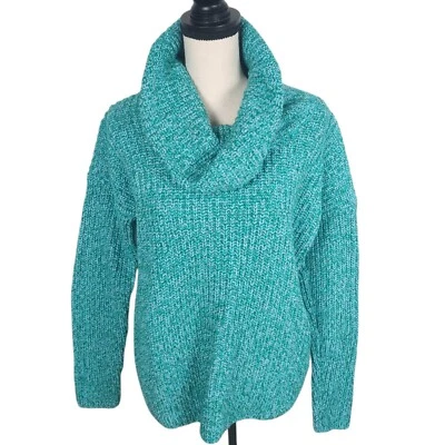 Lands End Sz M 10-12 Marled Green Wool Blend Chunky Thick Warm Cowl Neck Sweater - Image 1 of 4