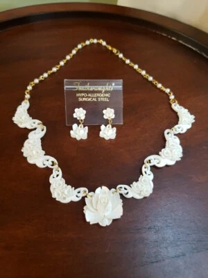 Vintage SET OF CREAM ROSES Necklace & Pierced Earrings, 17" & 3/4" Respectively  - Image 1 of 4