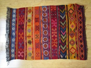 Western Anatolian Kilim Rug Turkish Kilim Orange Pink Gold Navy Wine Grey 47x31" - Picture 1 of 17