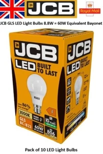 10 x 9W = 60W LED GLS Light Bulbs Bayonet BC B22 Warm White 60 Watt JCB - Picture 1 of 3
