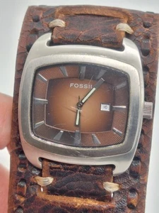 Fossil Mens Watch Date Brown Leather Band Strap Quartz Case - Needs Battery - Picture 1 of 13