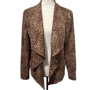 BB DAKOTA Drape Front Faux Suede Lightweight Jacket Pockets Brown Leopard Large - Picture 1 of 13