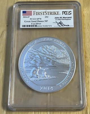 2014-P 5oz Silver 25C PCGS Great Sand Dunes First Strike  SP70 - Mercanti Signed - Image 1 of 4