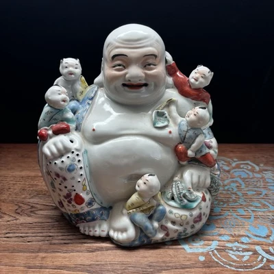 Chinese Laughing Buddha with 5 Children Famille Rose Porcelain Budai - Image 1 of 4