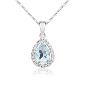9CT White Gold Pear Shaped Aquamarine & Diamond Halo Cluster Pendant - Picture 1 of 1