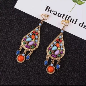 Classy 3 1/4" clip on gold multi colored beaded earrings - Picture 1 of 4