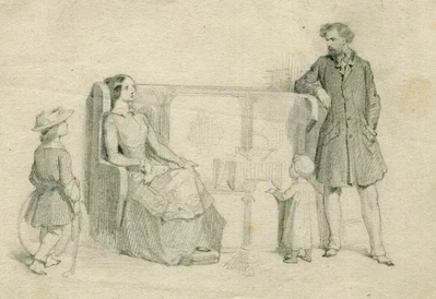 Dessin au Crayon Ancien Scène de Genre Original Famille Enfants Cerceau... - Photo 1/4