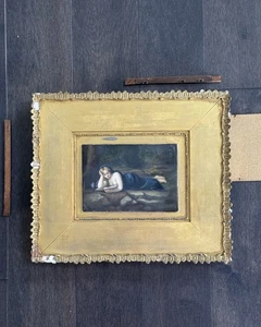Framed Tile (not on canvas) Art  of a lady in blue reading a book 14.5"x12.5" - Picture 1 of 11