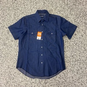 Neu mit Etikett Wrangler Cowboy-Schnitt Western Arbeitshemd klassische Passform Perlen Druckknopf Denim Large - Bild 1 von 5