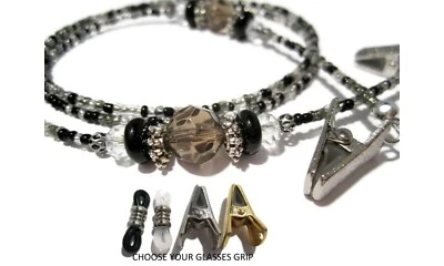 Gray Black Mix Eyeglass Lanyard, Glasses Holder Beaded Chain, Choose Your Grips - Image 1 of 4