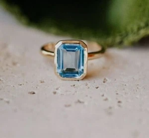 14k Gold Plated 2.00Ct Emerald Lab Created Blue Aquamarine Bezel Engagement Ring - Picture 1 of 7