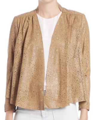 Alice + Olivia Vanna Tan Laser Cut Lamb Leather Jacket $1298 Small NWOT - Image 1 of 4