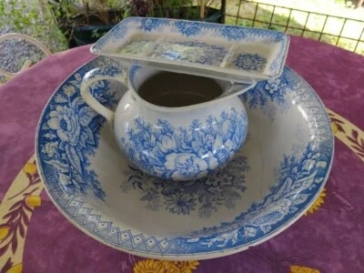 Ensemble Toilette Cuvette Broc Porte Savon Hamage Modèle Jardinière Bleu Agrafes - Photo 1/4