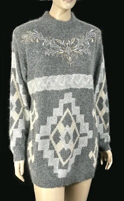 Suéter angorá vintage anos 80 tamanho M frisado asteca glam rock seda lã de cordeiro - Imagem 1 de 4