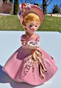 Figura Josef Originals Rara "Ducha Novia" Niña en Vestido Rosa Ojos Negros MCM - Imagen 1 de 13
