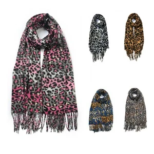 Bufanda de invierno con estampado de leopardo mezcla de cachemira mujer niña dobladillo borla - Imagen 1 de 20