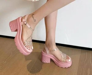 Summer Women Platform Peep Toe Rhinestones Block Heels Buckle Strap Sandal Shoea - Picture 1 of 10