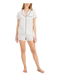ALFANI Womens White Printed Short Sleeve Button Up Top and Shorts Pajamas M - Picture 1 of 3