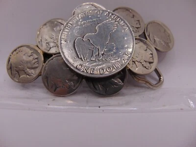 Vintage Belt Buckle Never Broke Real Coins Buffalo Nickel & Dollar 3 3/4" Wide - Image 1 of 4