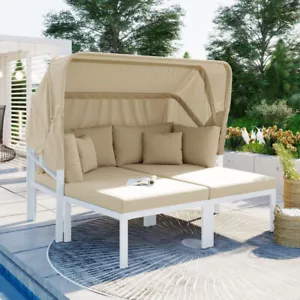 3-Piece Patio Daybed with Outdoor Metal Sectional Sofa Set Sun Lounger, Beige - Picture 1 of 20