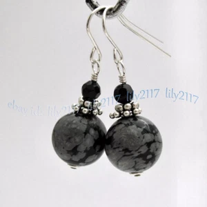 Natural Black Snowflake Obsidian Jasper Black Onyx Dangle Silver Hook Earrings - Picture 1 of 9