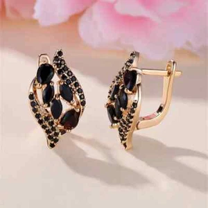 Golden Leaf Clip Earrings, Black Zircon Women Earrings, Trendy Sweet Wedding - Picture 1 of 6