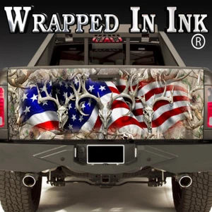 Tailgate Wrap Buck Skulls American Flag Buck Skull Obliteration Camo Border - Picture 1 of 2