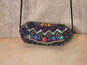 VINTAGE SORPRESA MULTI-COLORED BEADED/JEWELED CROSS CHEST CORD  HAND BAG - Picture 1 of 10