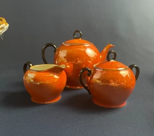 Art Deco VICTORIA porcelain lusterware tea set Czecho-Slovakia ORANGE c.1930s - Picture 1 of 12