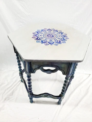 Side Table Antique Hexagon Mandela End Table Unicorn Spit Paint Painted Artist Cover