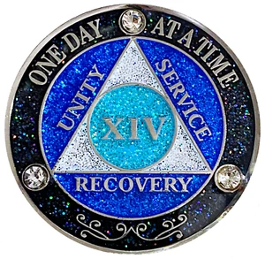 AA 14 Year Crystals & Glitter Medallion, Silver, Blue Color & 3 Crystals - Picture 1 of 2