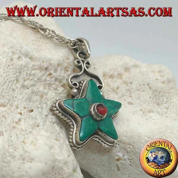 Ciondolo in argento 925‰ stella incoronata con turchese tibetano e corallo tondo - Immagine 1 di 1