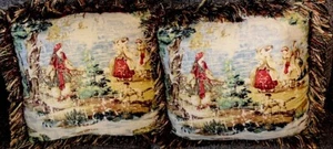 Bosporus antique old world scenic Toile Decorative Throw Pillows Set Of 2wFringe - Picture 1 of 8