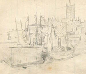 Vintage Original Pencil Drawing Port, Boat Landscape, Cityview Sketch - Picture 1 of 8