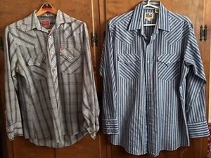 Two MENS ELY brand western cowboy shirts PEARL snaps BLUE BLACK PINK stripes GUC - Picture 1 of 14