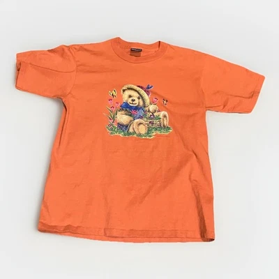 Vintage Orange T- Shirt Teddy Bear Floral Sz M Tee Cottagecore Y2K Cute Adorable - Image 1 of 4
