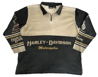 Camisa masculina vintage Harley Davidson motocicletas 1/4 zíper gola GG grunge desgastado - Imagem 1 de 4