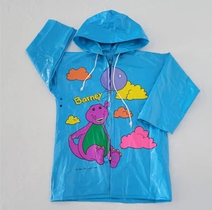 Abrigo de lluvia con capucha de vinilo Barney vintage niños talla 5 azul defectos Baby Bop - Imagen 1 de 8