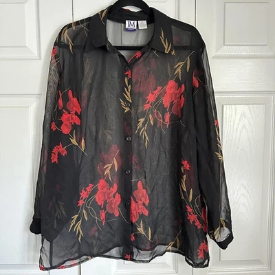 JM Collection Shirt Womens 1X Black Red Floral Sheer Long Sleeve Top Whimsigoth - Image 1 of 4