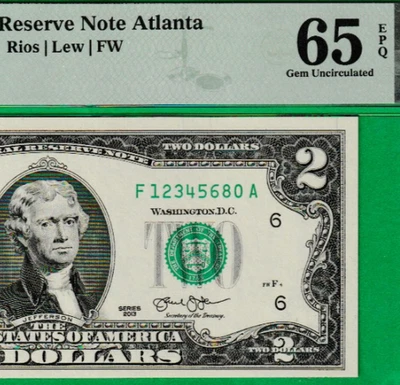 $2  TWO DOLLAR Federal Reserve note LADDER Serial Numbers 1-2-3-4-5-6-8-0 PMG 65 - Image 1 of 3