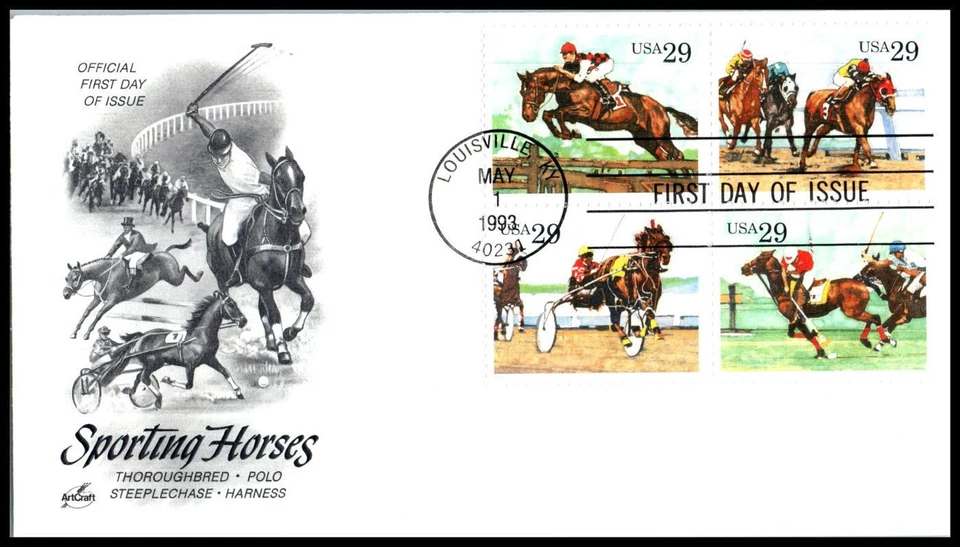 1993 Sporting Horses Sc 2756 to 2759 block FDC 4 designs with ArtCraft cachet - Image 1 of 1