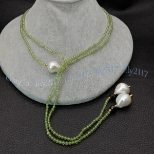 3mm Faceted Green Peridot Natural White Keshi Baroque Pearl Pendant Necklace - Picture 1 of 17
