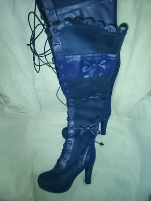 Mujeres Elegantes Botas de Motociclista con Arcos con Cordones Tacones Altos por encima de la rodilla Foto 1 de 4