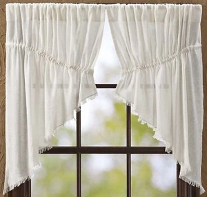 Fringed Drawstring Prairie Swag Set Sheer Beige Tobacco Cloth Country Farmhouse - Picture 1 of 7