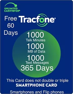 TracFone 1 Year Service Plan - 365 Days + 1000 Minutes/ 1000 Text/ 1000 Data - Picture 1 of 4